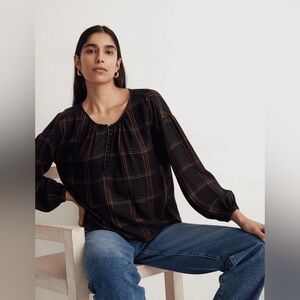 Madewell Windowpane Shirred Peasant Top
